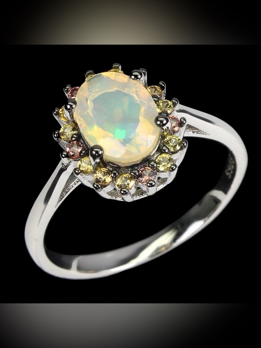 Enchanting Fire Opal Diamond Cut Sapphire halo 925 Sterling Silver Ring Sz 7 - Picture 5 of 13